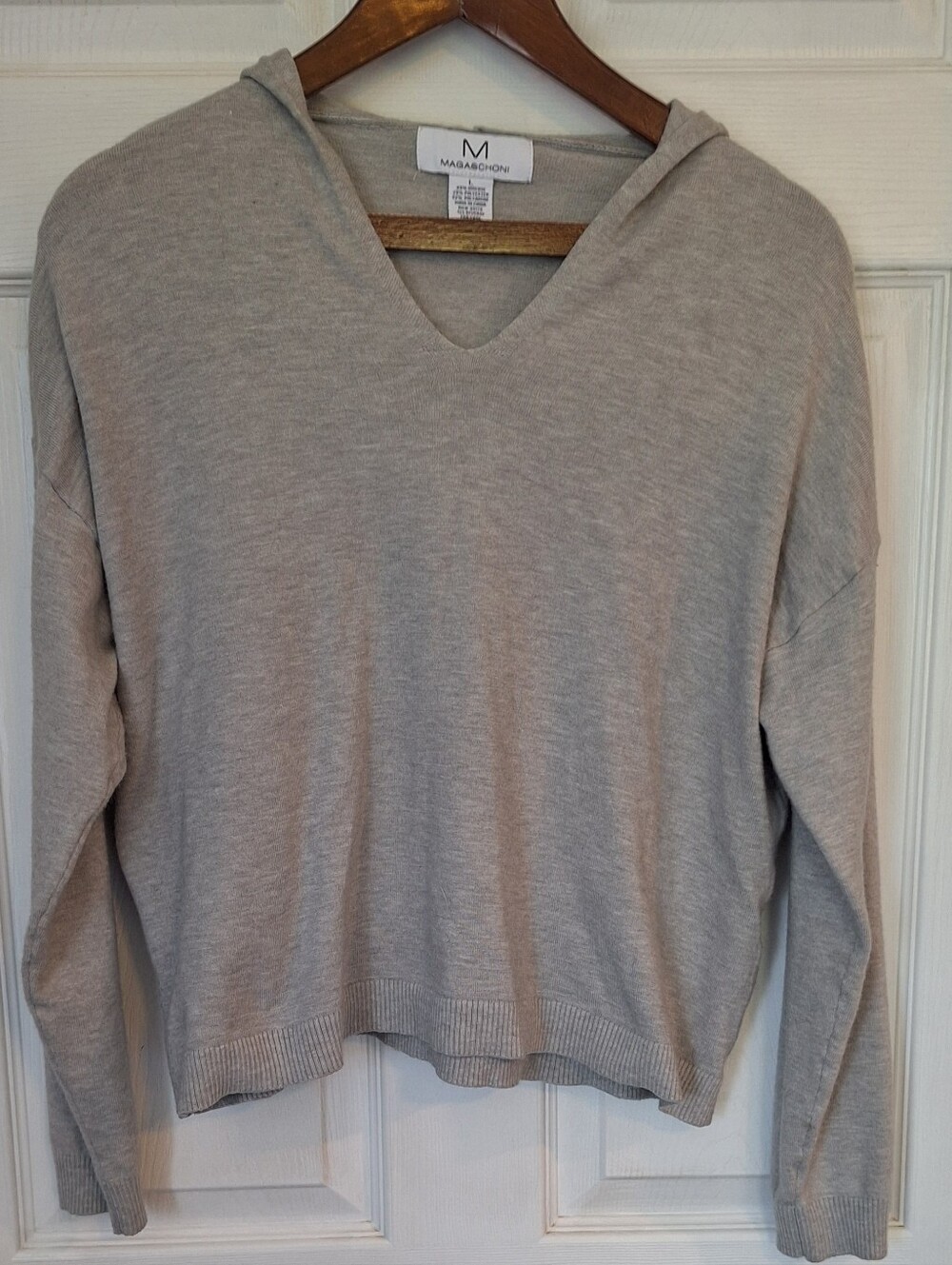Magaschoni Gray Hooded V-Neck Sweater Lightweight Knit Size Large